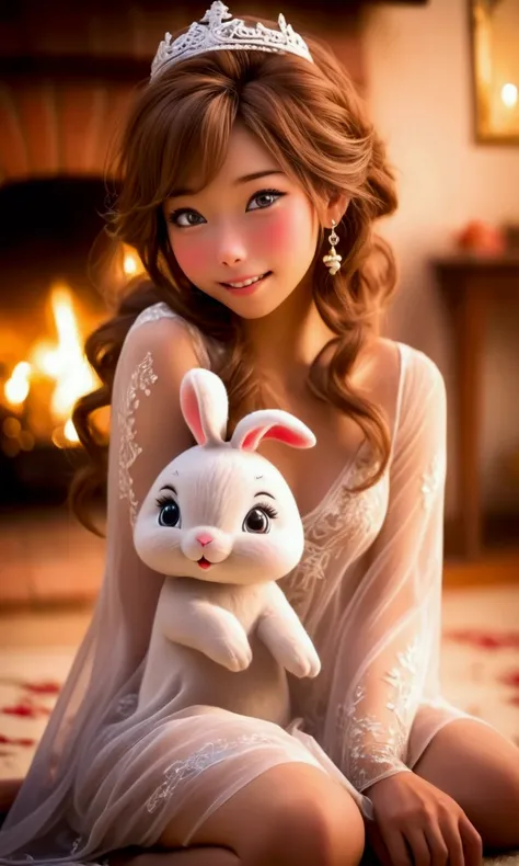 a cute yuna (age 25, sheer night gown no underwear), she is happily playing with a cute bunny near the fire place, Christmas decorated living room
