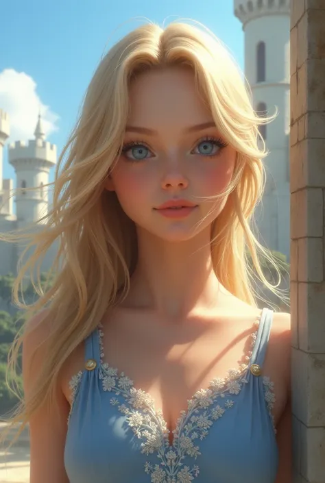 A blonde teenager in a castle, wearing a blue dress with some light details, with long blonde hair, a close-up capturing the harmonious beauty between her blue eyes and the sky, showing off your natural charm and outgoing personality.