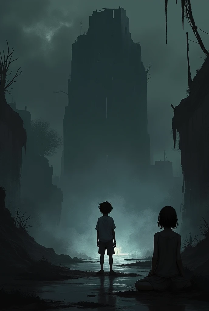 Make an image of:
"The final dinner of *Limbo* shows a dark and enigmatic environment. En el centro de la imagen, a young boy is standing, with an expression of determination and despair, while observing a desolate and dark environment. The scenery is comp...