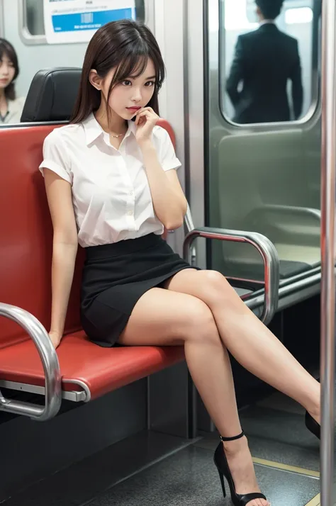 sitting cross-legged on the train、Office lady in a super mini skirt。Glamorous figure。