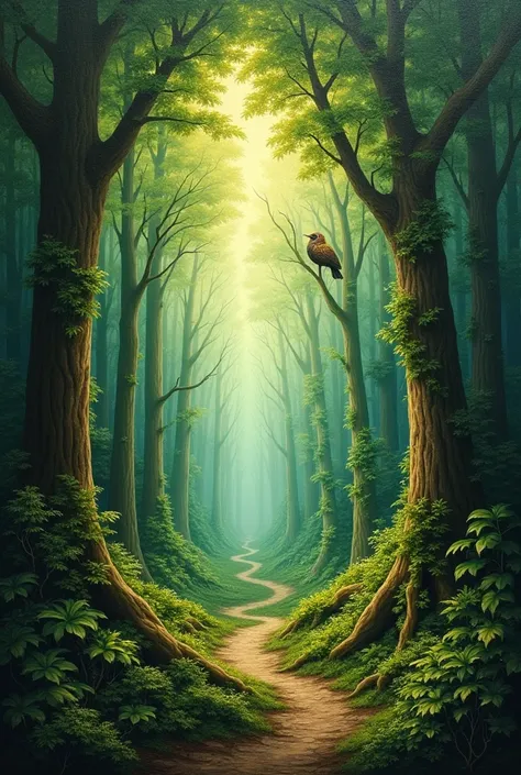 Lush forest surrealism painting 
