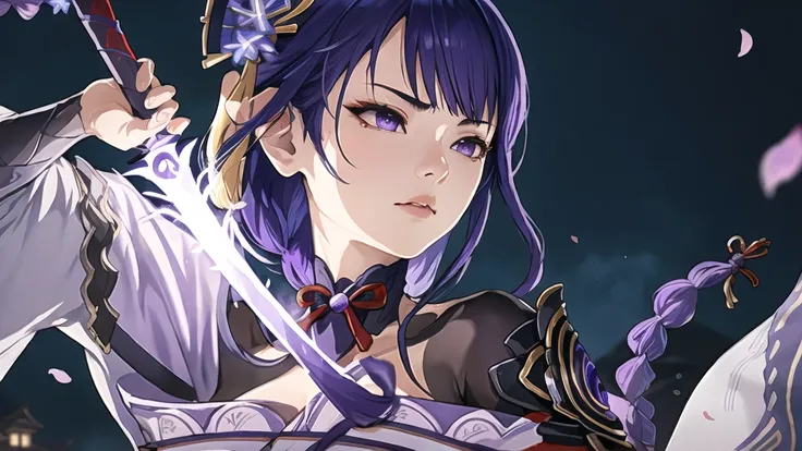 raidenshogundef,masterpiece,best quality,ultra high res,(photorealistic:1.4),extremely detailed CG unity 8k wallpaper,symmetry,1girl,solo, flying hair,(purple hair:1),((purple thunder)),blunt bangs,braid,wide sleeves,hair ornament,red obi,purple necklace,d...