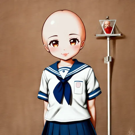 a smiling bald girl, head on, a girl in school uniform, rei ayanami, chibi anime style ayanami rei girl, cute!! chibi!!! kawaii, detailed digital cute art, beautiful detailed eyes, beautiful detailed lips, extremely detailed eyes and face, long eyelashes, ...