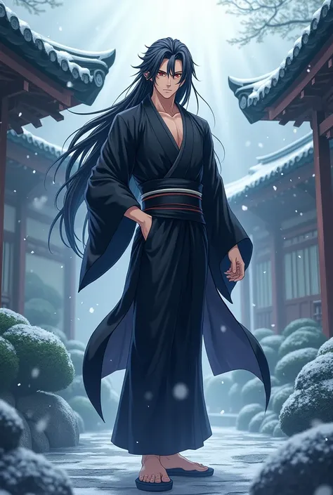 Anime male, fit body, wearing kimono, snowing, god rays, slightly long hair, black hair, snowstorm, blizzard, front angle, red eyes, male kimono, black clothes, japanese sandals, looking at You, perfect resolution, japanese garden, full body, hand behind t...