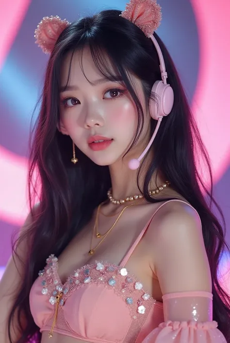 (Highly detailed), Young Korean girl, fourteen years old, beautiful, kpop idol, medium sized boobs, black hair with blonde strands, beautiful, has acrylic nails, dreamy makeup, cute outfit, on stage, performing, dream core makeup, dream core outfit, headse...