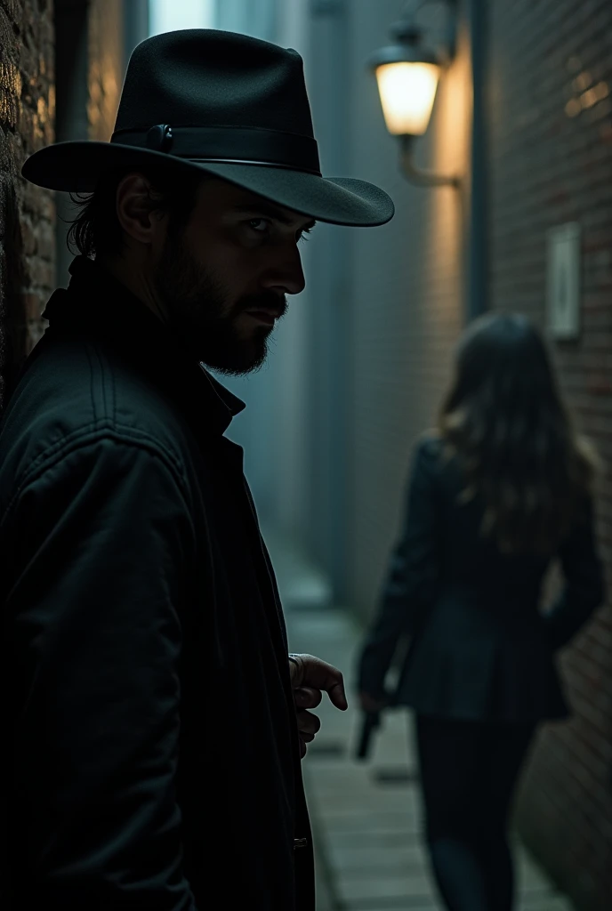 IN MEDIUM SHOT ( above the waist) victor ( A mercenary who chases her with a dark jacket and a hat that covers his face) stops at the end of the alley, watching Lexi with an intense gaze. His hand slides to his belt, where he carries a concealed pistol. He...