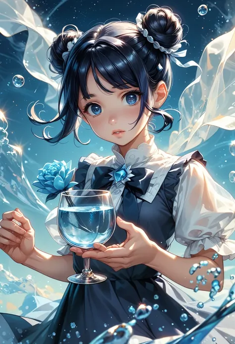 Super detailed, 8k, Angelic, glass, Water in a glass, Flowers in a glass, bubble, Right Blue Water, nice, bright,Girl in glass,Super Mini Girl,Refraction of Light,Reflection of light,Dynamic Angle,whole body,Stylish clothes,Stylish hairstyle,Stylish access...