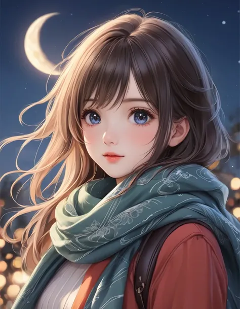 Girl in a scarf with the moon in the background, Very beautiful skin、Beautiful anime portraits, Realistic cute girl drawing, Stunning Anime Face Portraits, Cute realistic portrait, Cute portrait, Beautiful character drawings, Detailed portrait of an anime ...