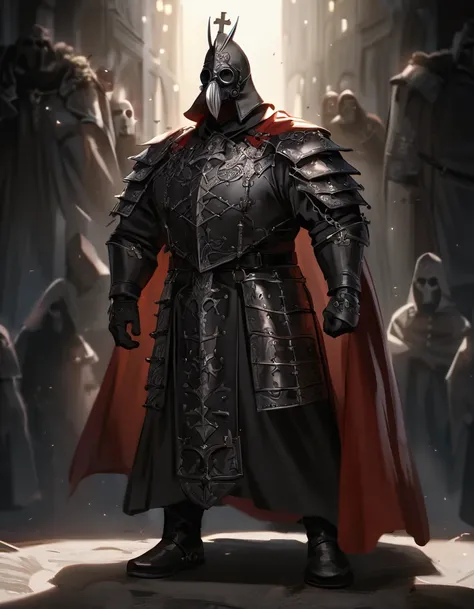 ((full body angle, lamellar armor, general, strongman, German, Siegfried, herculean, red and iron theme, gold ascents, cross, short black hair, red cape)), ((Gothic, diablo inspired)), (Iron reflective beak gas mask), ((11th-century armor, roman catholic b...