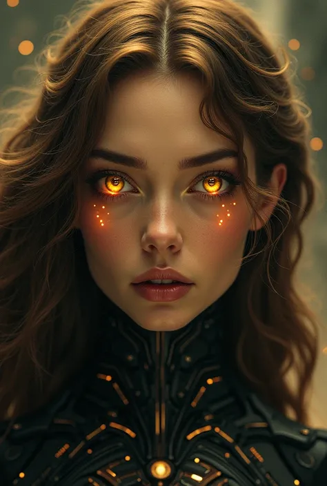 illuminated face, HEAD ON, of a goddess with perfect features, very serious, powerful, Futuristic, alien, totally exotic, non-human, long brown hair, with curls at the ends, big honey-colored eyes, big scared, Tense atmosphere,small rays coming out of the ...