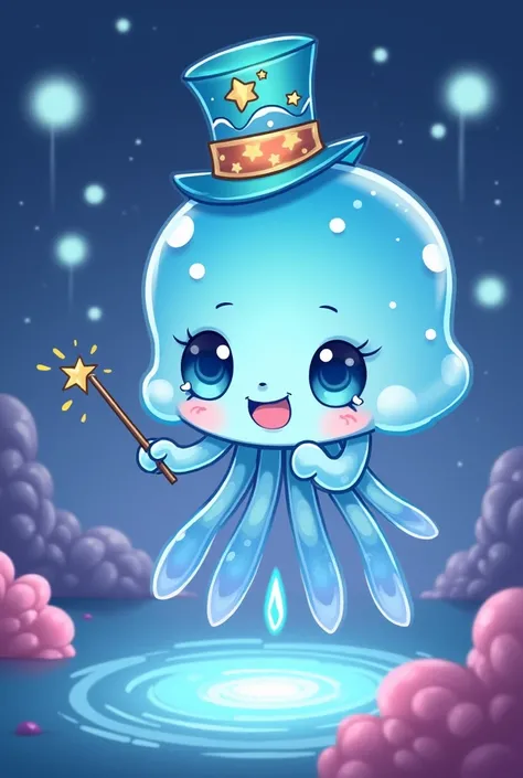 (((Jellyfish))), (Jellyfishのmagician), Chibi, light blue, magician, Gradient cloak, Star and wave patterned top hat, A transparent body, Showing off some gorgeous magic tricks、(Magic Stick)