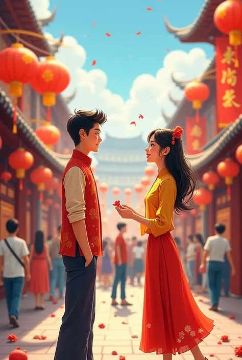 The painting depicts three people dressed in Chinese clothing, the first one is a young man standing far away looking at the other two who are looking at each other and expressing their feelings. Streets during the festival season, drawn according to carto...