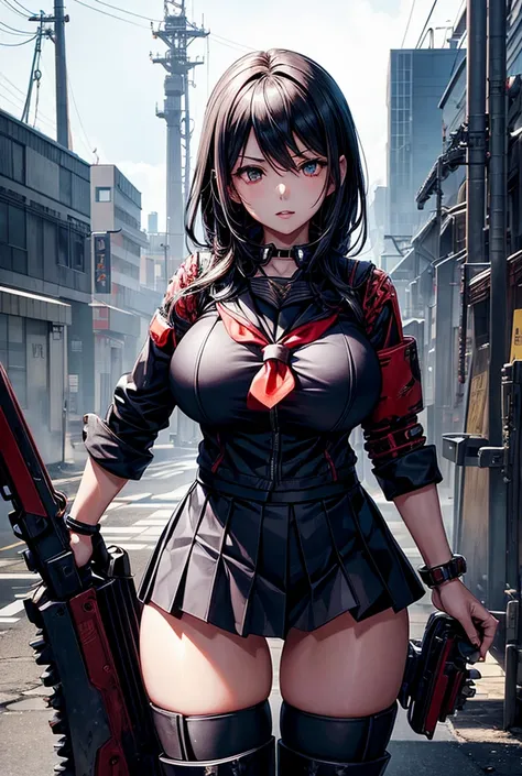 The God Eater is a busty Japanese girl wearing a sailor school uniform miniskirt，Breast sagging，Stand in a dystopian urban environment，（brandishing a huge、Highly detailed mechanical chainsaw-like sword，covered with complex mechanical parts、gears and rivets...