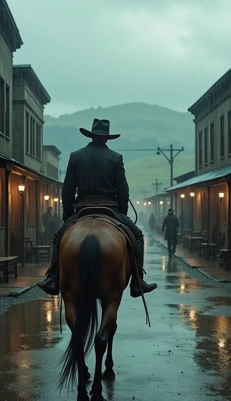 High Resolution, the view is literally, and the cowboy is far away from the view, cowboy riding a horse in a town during rain, head of cowboy is down 