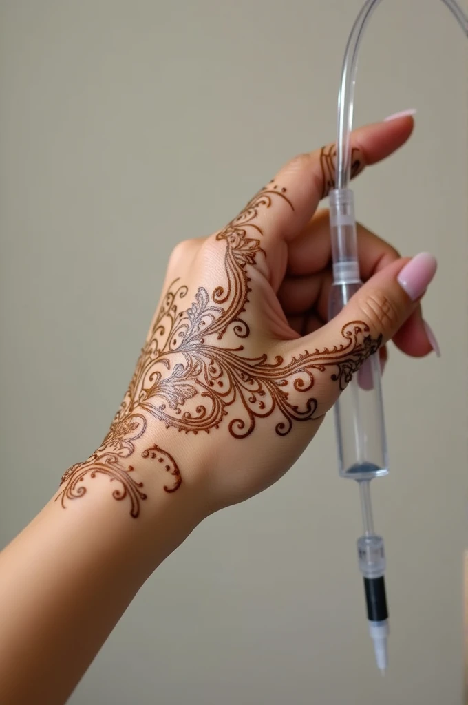 A girl hand with mahendi and intracath 