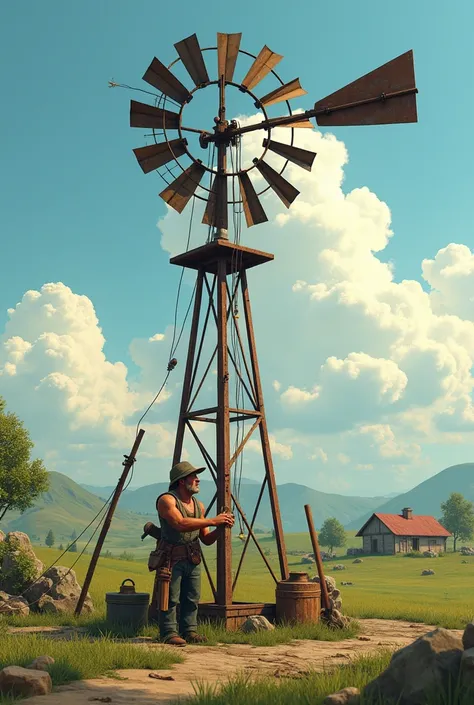 Create an image where a person is taking care of a windmill on a farm, and 3d