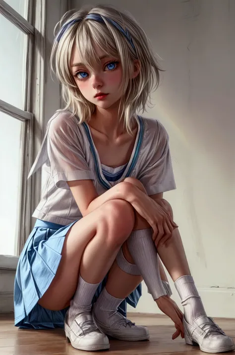 Anime style, Highres, Masterpiece, Best quality at best, Best Quality, hight quality, hight detailed, young blonde girl, perfect  body, cute, detailed light blue eyes, detailed eyes, short hair, messy hair, pastel rainbow inner hair color mesh, Neutral Fac...