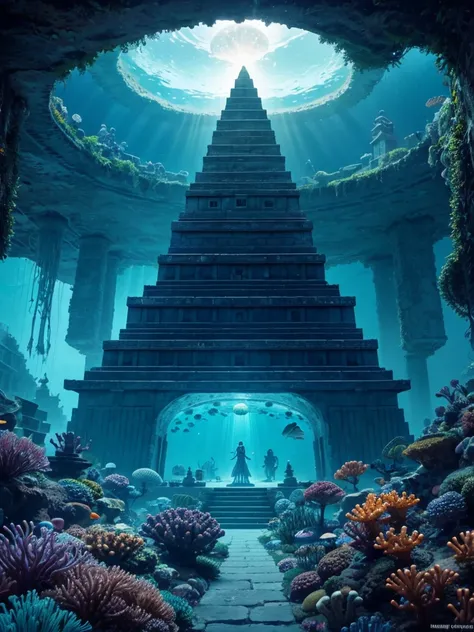 Envision a mystical underwater metropolis, inspired by the ancient Mesoamerican city of Teotihuacan, where towering pyramids and temples now rise from the depths of the ocean, their structures covered in coral, anemones, and schools of rainbow fish, with t...