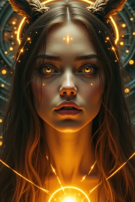 illuminated face, HEAD ON, of a goddess with perfect features, very serious, powerful, Futuristic, alien, totally exotic, non-human, long brown hair, with curls at the ends, big honey-colored eyes, big scared, Tense atmosphere,small rays coming out of the ...