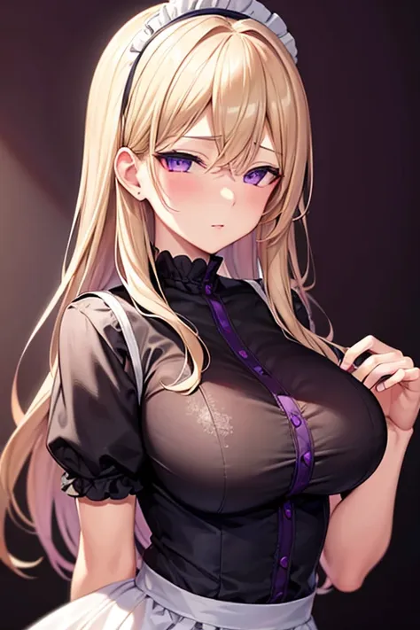 waifu milf, blonde hair with violet eyes, high resolution, con un vestido de maid