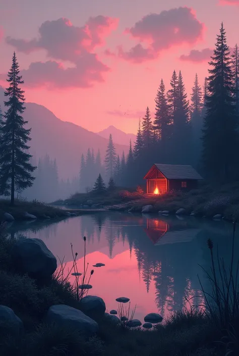 Illustrates a landscape in the afternoon, with a sky between pink and reddish, a bit melancholic and lonely, in a pool and with light wind, with a cabin and a campfire