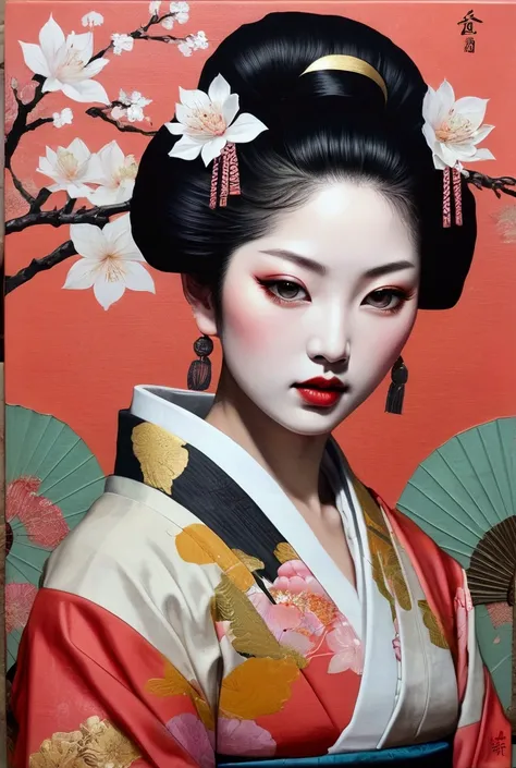 collage painting, many geishas, dramatic, sexy, romanticism, neo-classical, experimentalism