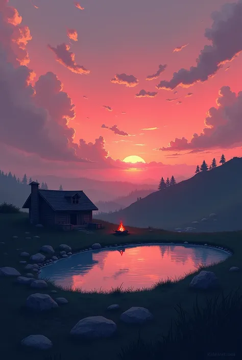 Illustrates a landscape in the afternoon, with a sky between pink and reddish, a bit melancholic and lonely, in a pool and with light wind, with a cabin and a campfire, that is not in a forest