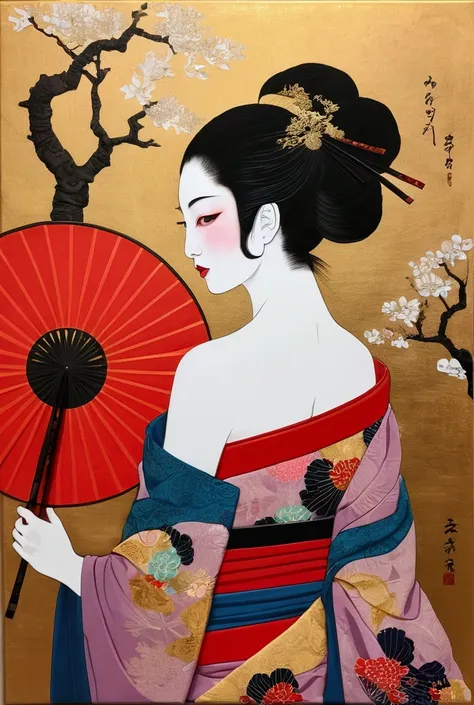 collage painting, many geishas, dramatic, sexy, romanticism, neo-classical, experimentalism 