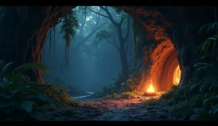 Generate 3d animated image of a deep deadly forest and a cave in that deep rain forest like Amazon in the night time .. and a fire camp in cave .. on a stone