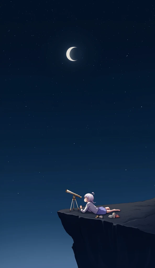 “A calm night scene with a character lying on the edge of a cliff, holding a telescope and looking up at a starry sky. A crescent moon glows brightly, and shooting stars pass by. The character’s surroundings are minimal, with only a few items next to them,...