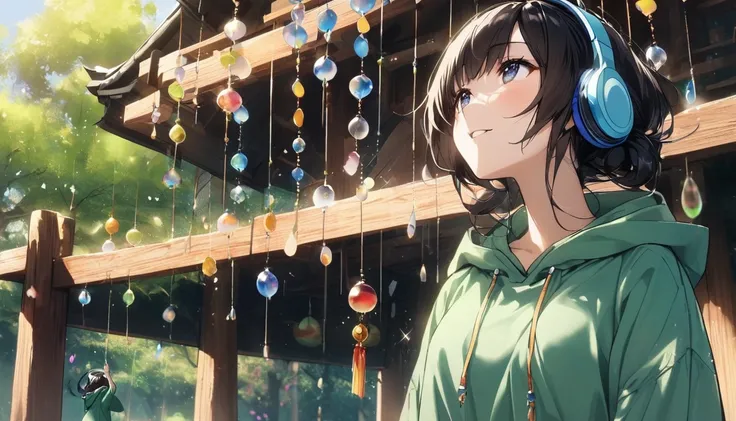 In the grounds of Kawagoe Hikawa Shrine、A black-haired girl with blue headphones and a green hoodie is walking。In the surrounding area、A large number of colorful round glass wind chimes lined up、The gentle breeze is blowing and making beautiful sounds。The ...