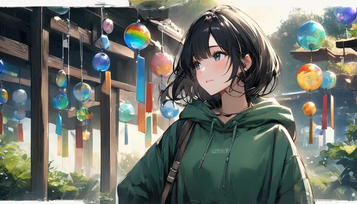 In the grounds of Kawagoe Hikawa Shrine、A black-haired girl with blue headphones and a green hoodie is walking。In the surrounding area、A large number of colorful round glass wind chimes lined up、The gentle breeze is blowing and making beautiful sounds。The ...