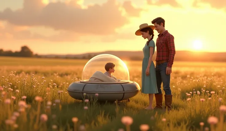 Pixar, Martha and Jonathan Kent stand next to an open spaceship in a wide field. The child they find inside the spaceship is the only one in the scene.

Scene details:
Martha Kent stands next to the spaceship, looking at the child inside with tender eyes. ...