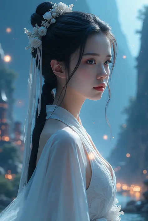 best quality, masterpiece, highres,, 1girl, Detailed face, (Upper body:1.6), Cyber cities, mountains and rivers, night, firefly lights, Realistic, rich in detail, (White hanfu:1.2), (beautiful body:1.4),