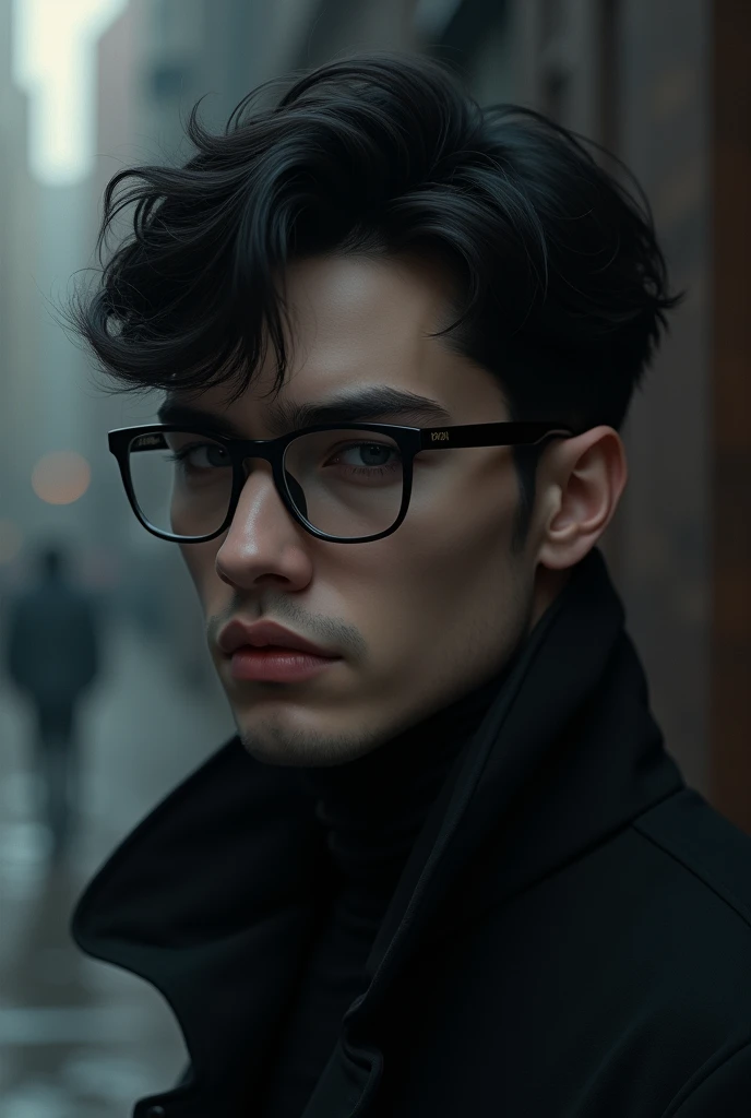 A handsome sad man with white skin, black hair and black eyes with glasses 