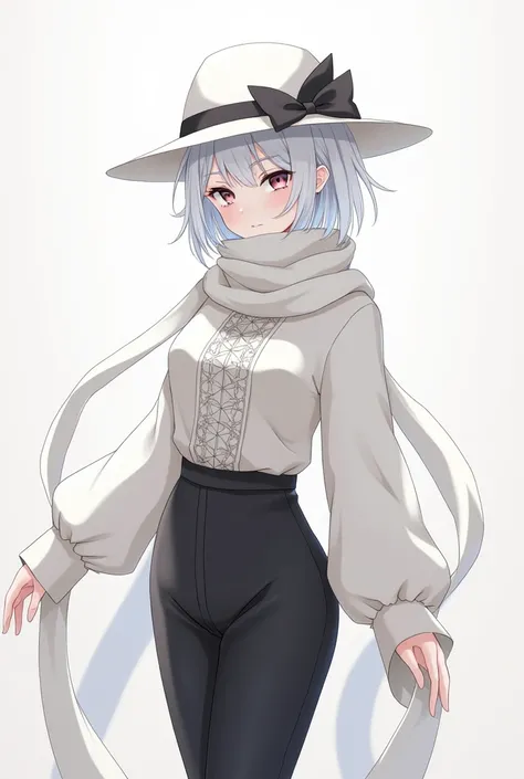 White hair, white skin, small boobs, short pigtails, long scarf that cover her mouth, elegent shirt with bows and black elegant pants, white hats
Anime girl