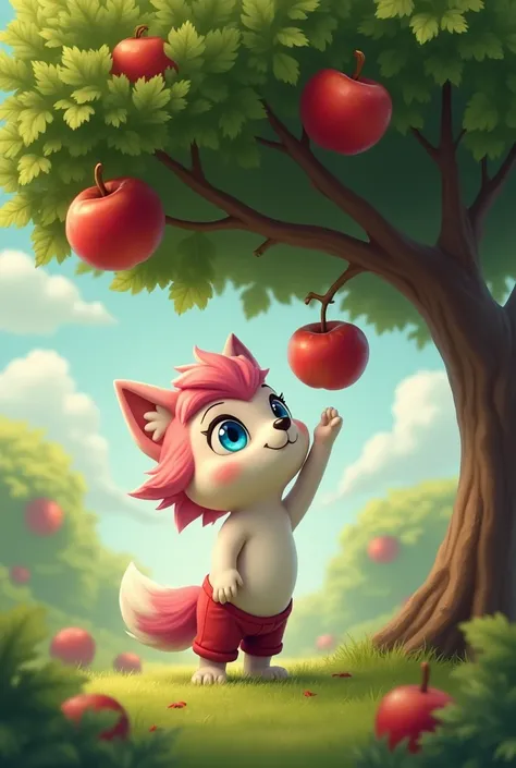 stand little wolf in name ranga . Eyes - blue , hair  - pink , red colour off  pant, body is white colour , 4k qualitySpecify that you want an apple tree, which typically has a rounded canopy with a dense cluster of leaves. A ranga take  tha one apple 
