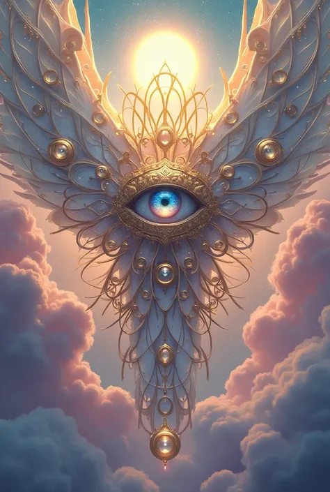 Central eye, with arches, circles, wheels gold rings with many wings coming out of the eye and many eyes on the wings clouds in pastel colors, rosa, lilac and blue and precious stones and sun in the background