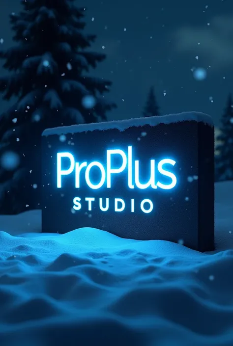 Create a white logo "PROPLUS STUDIO" from side in the snow fall, head focus, glowing blue colour PROPLUS STUDIO Highlights , set at night, dramatic lighting