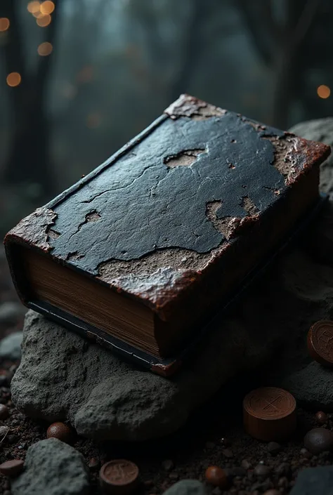 occult book, thick, iron edges, black cover, torn skin texture, hard, MACABRE, lovecraft, evildead