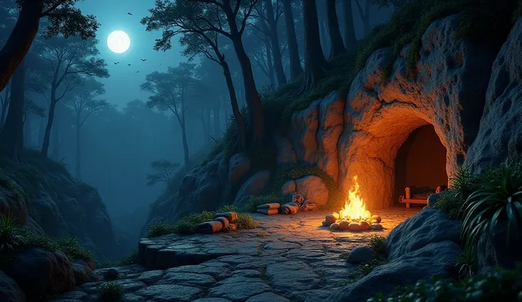 Generate 3d animated image of a stone cave on a step up in the forest and cave looks like gunna caves.. that forest was deeply deadly rain forest like Amazon and a fire camp in that cave in the night time 