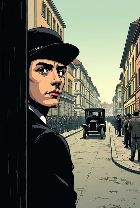 on the corner of the street, Gavrilo Princip is partially hidden behind a pole or corner of a building. He wears a dark suit and an old-fashioned cap.. His face is tense and his gaze is fixed on the Archduke&#39;s car.. The crowd around him is dispersed, w...