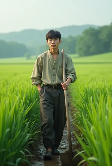 Seorang pria Muda asal korea,  Menbawa cangkul  Di Lapangan tangah sawah di kelilingi padi yang masih menghijaw 