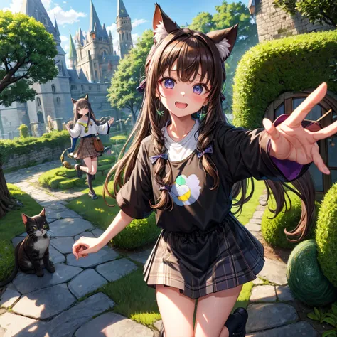 Rainbow brown hair、Rainbow Eyes、Wavy Hair、Hair tied up、Two cute、Checked mini skirt、Black T-shirt、Cat Ear Robe、Black knee-high socks、Headband、Teeth are visible、Monster Castle、Tilting face、lawn、In front of the city gates、Underground tunnels、The stone is crac...