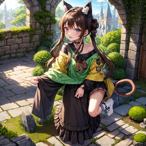 Rainbow brown hair、Rainbow Eyes、Wavy Hair、Hair tied up、Two cute、Checked mini skirt、Black T-shirt、Cat Ear Robe、Black knee-high socks、Headband、Teeth are visible、Monster Castle、Tilting face、lawn、In front of the city gates、Underground tunnels、The stone is crac...