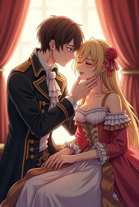 The cover of a webcomic with a couple.

 The woman is sitting and the man is standing behind her They are wearing 18th century royal clothes Anime style He is holding her chin 