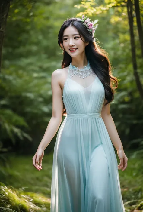 Generate 8k images，A young Taiwanese beauty，Wearing a translucent and flowing chiffon gown，Expression relaxed and natural，with a smile，Exquisite makeup，on a starry night，There is a big, round and bright moon in the sky，In the spectacular mountain forest，On...