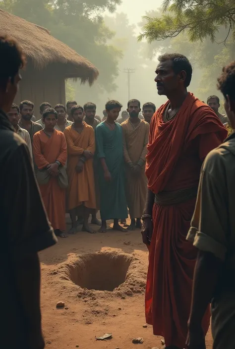 Indian village Funeral Without a Shroud
* Description: Mthura’s wife is being buried without a shroud, with mourners or Indian villagers gathered around. Mthura stands nearby, looking remorseful or indifferent.
* Visual Elements: A simple grave being prepa...