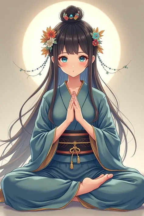 Young woman telling fortune。Wearing a Japanese kimono、Hair accessories。The eyes are blue。Buddha pose with hands together in front of chest。Manga、anime