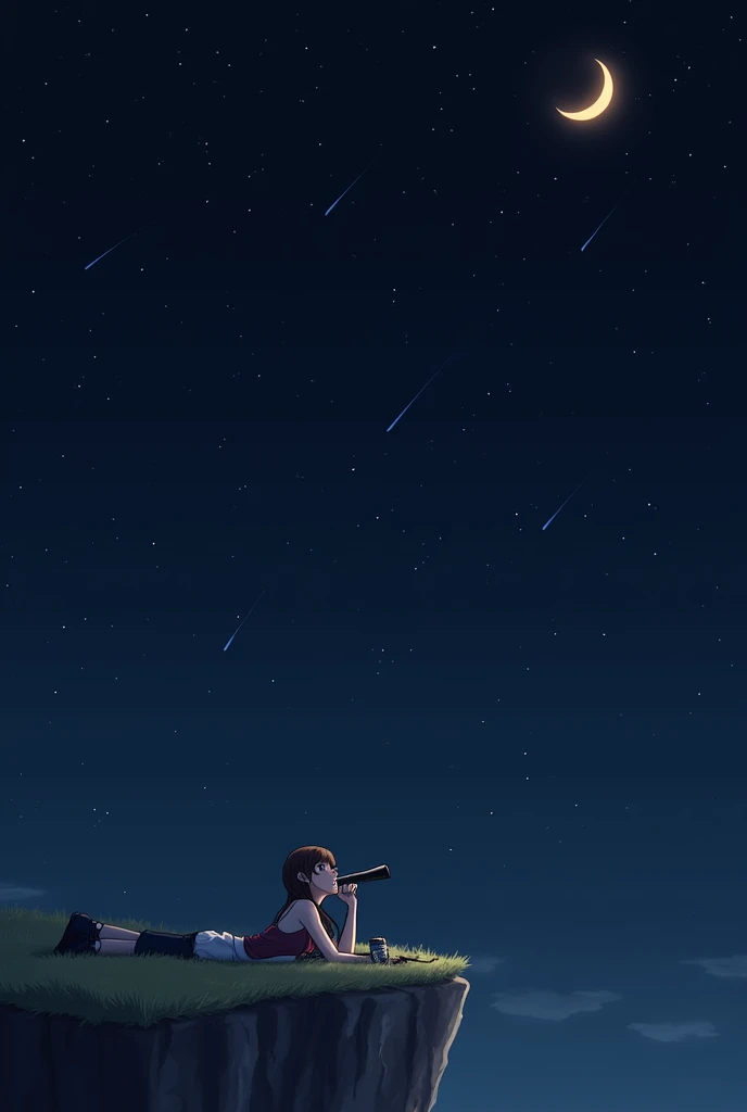 “A calm night scene with a character lying on the edge of a cliff, holding a telescope and looking up at a starry sky. A crescent moon glows brightly, and shooting stars pass by. The character’s surroundings are minimal, with only a few items next to them,...